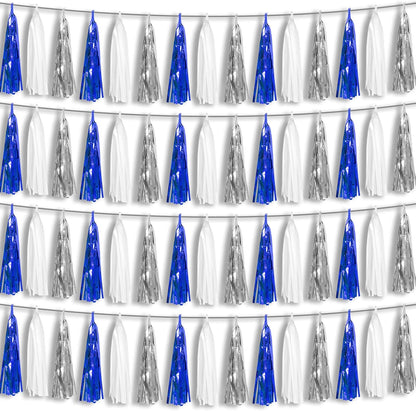 4P Navy-Blue White-Silver Foil Fringe Metallic Tassel Garland Banner, Tassels Banner Streamers for