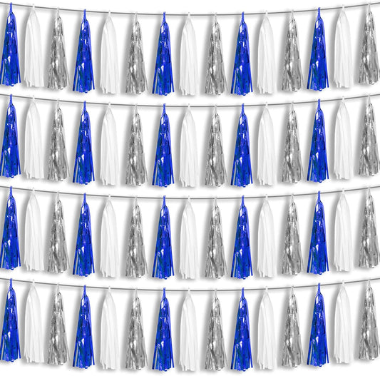4P Navy-Blue White-Silver Foil Fringe Metallic Tassel Garland Banner, Tassels Banner Streamers for