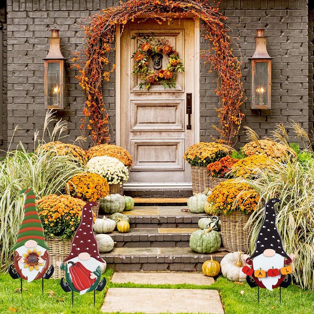 YEAHOME Fall Decorations for Home Outdoor, 3 Pack Gnomes Decorative Garden Stakes for Fall Decor