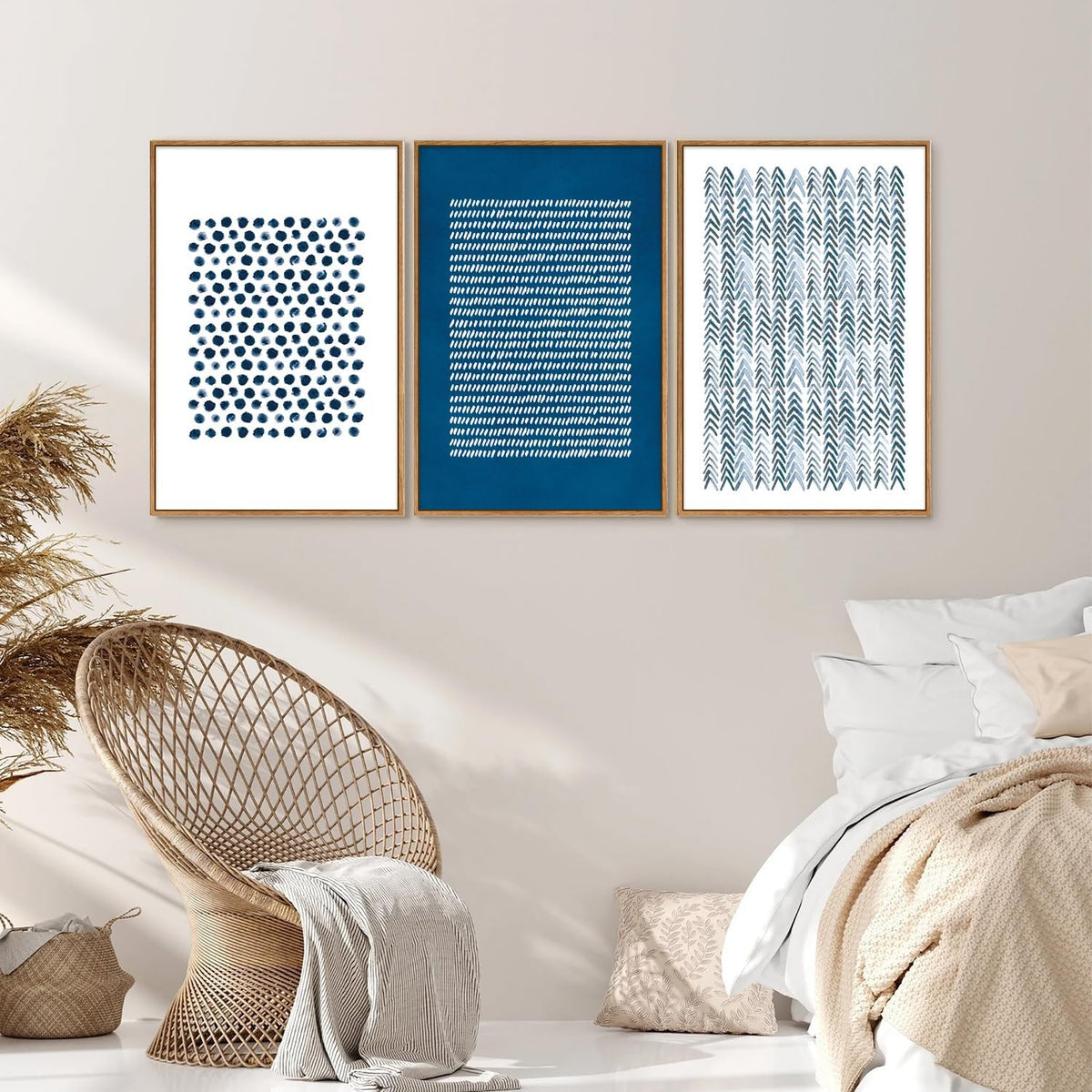 Tinonedraw Navy Blue and White Framed Canvas Wall Art Set, Minimalist Geometric Wall Decor, Neutral