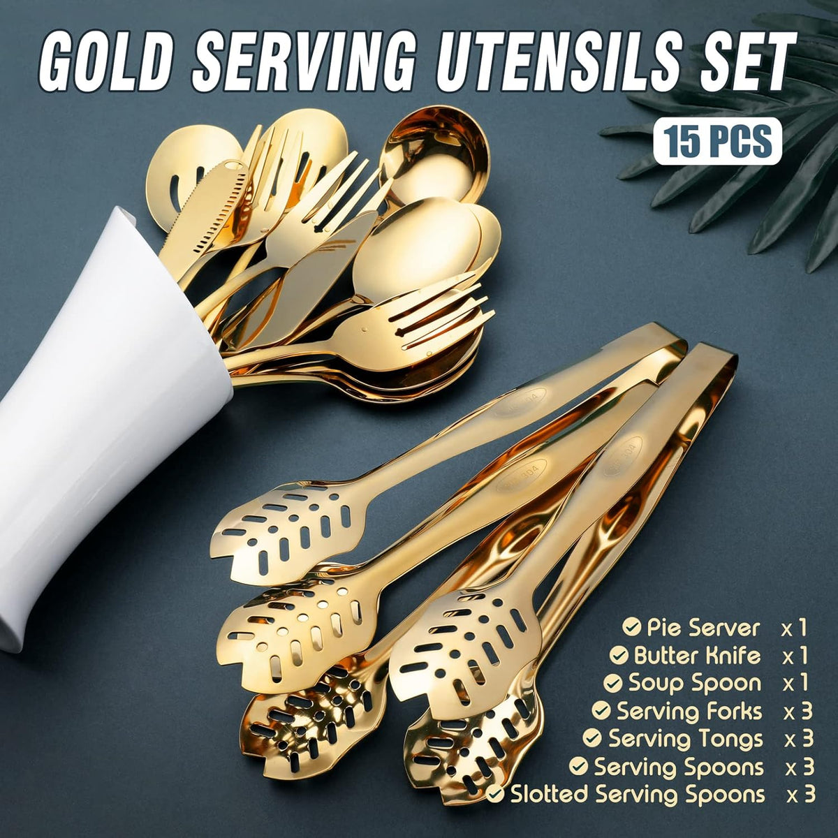Gold Serving Utensils, OGORI 15-Piece Stainless Steel Gold Serving Utensils Set Include Serving