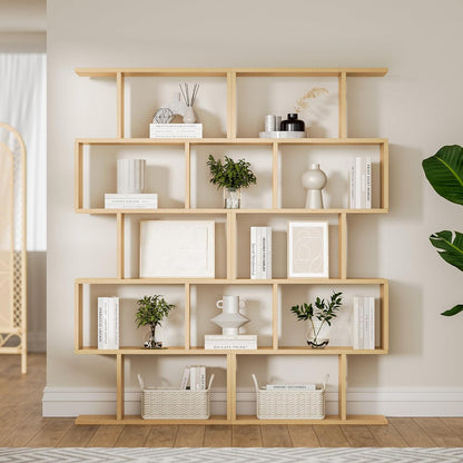 Oak 5-Tier Geometric Bookcase, S-Shaped Modern Bookshelf Set of 2, 62.6" Tall Room Divider Book