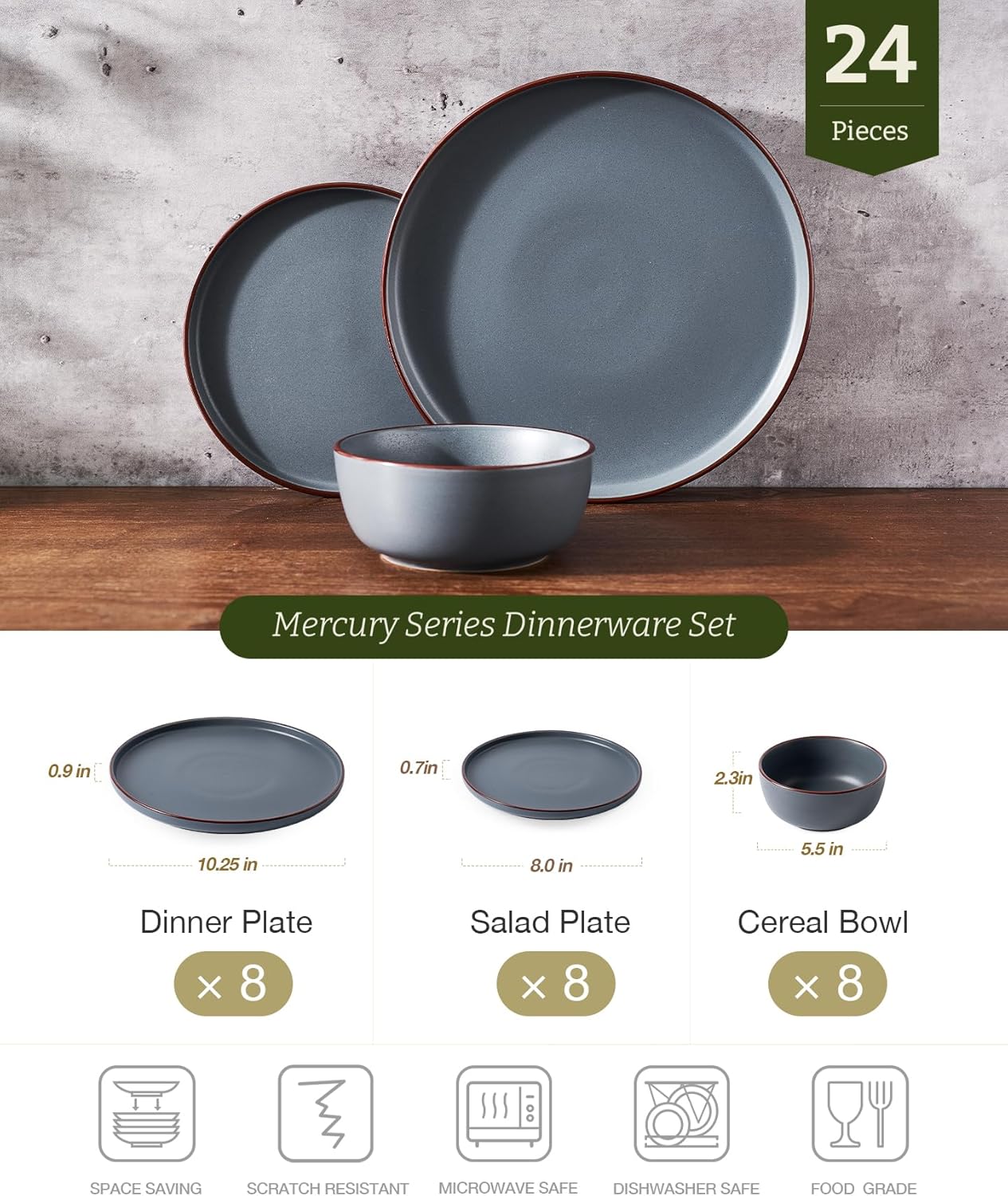 Famiware Mercury 24 Pieces Dinnerware Sets, Plates and Bowls Sets for 8, Microwave and Dishwasher