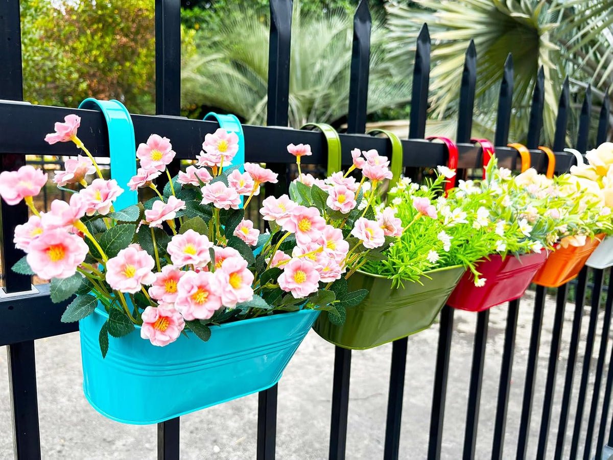 8 Pack Hanging Planters 10", Colorful Metal Bacony Railing Planter for Outdoor Decor, Countryside