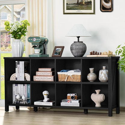 8 Cube Book Shelf, Farmhouse Wood Long Storage Organizer Bookcase, 62" Horizontal Black Console