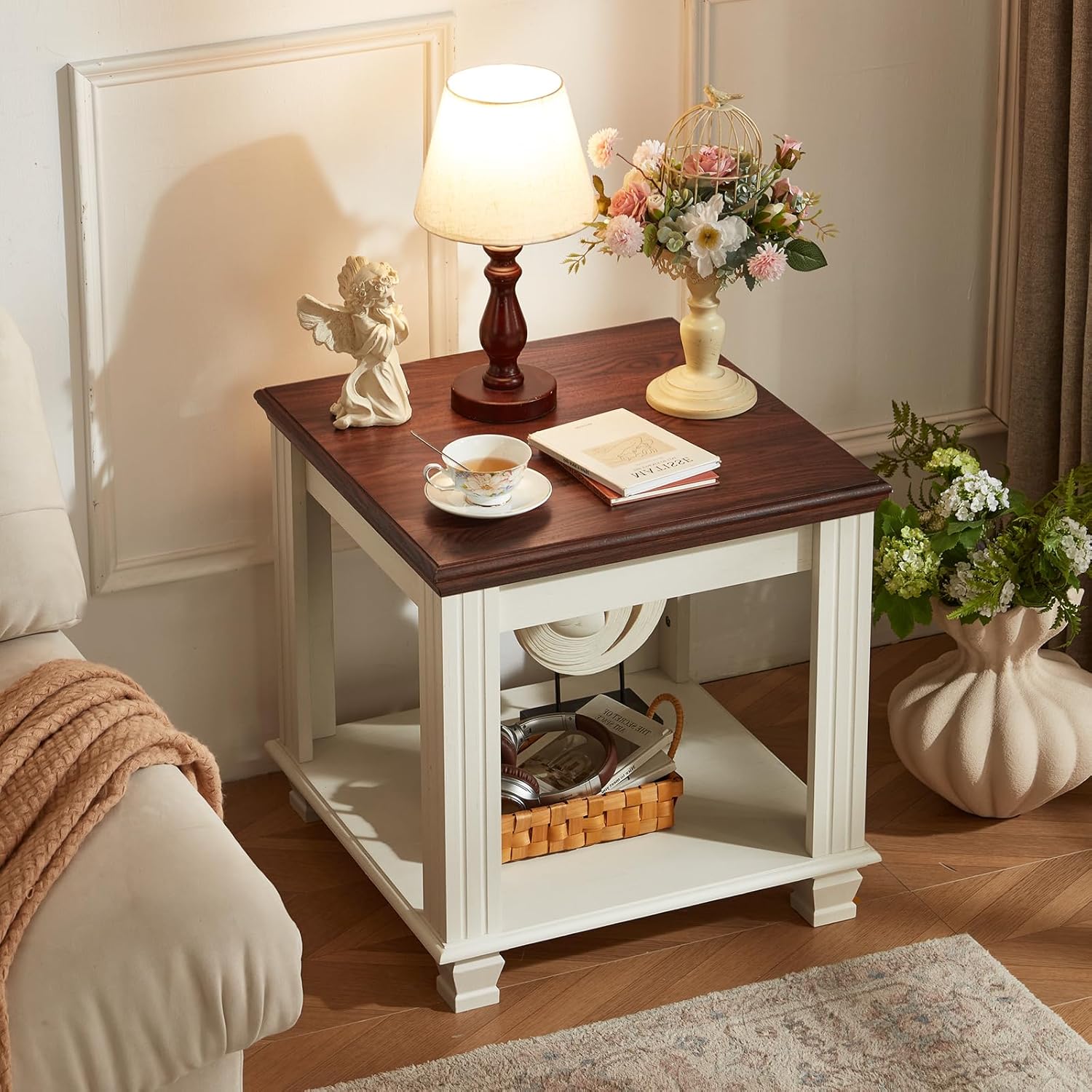 Farmhouse End Table Set of 2,Large Side Table with 2-Tier Storage Shelf,Rustic Wood End Tables for