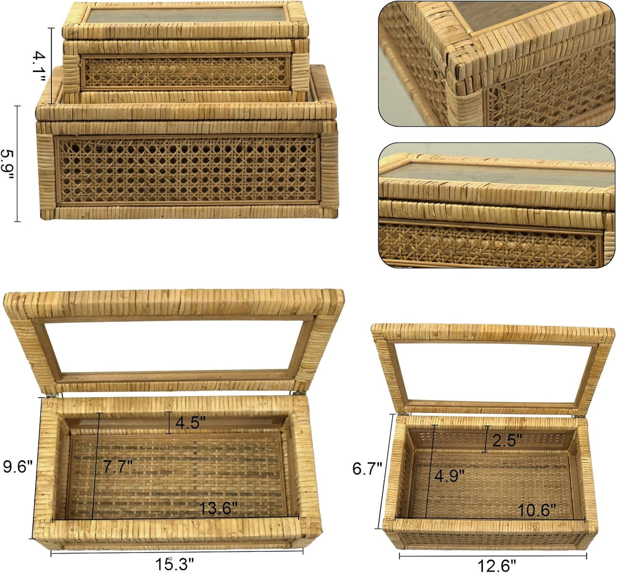 Rattan Box for Home Decor with Lid - Rectangular Coastal Bohemian Style Stackable Decorative