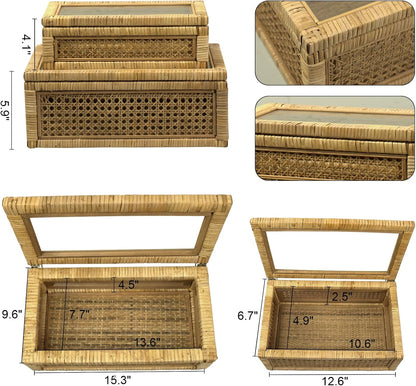 Rattan Box for Home Decor with Lid - Rectangular Coastal Bohemian Style Stackable Decorative