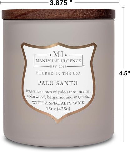 Manly Indulgence Palo Santo Scented Candles for Men, 15 oz Wooden Wick, Premium Soy Blend Wax, 60H