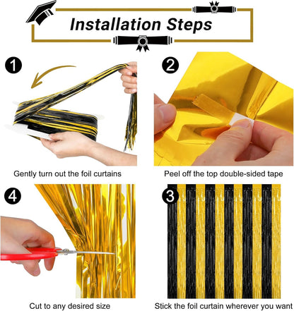 2 Pack Graduation Backdrop, 3.28 FT x 7.05 FT Black and Gold Foil Fringe Curtains, Metallic Foil