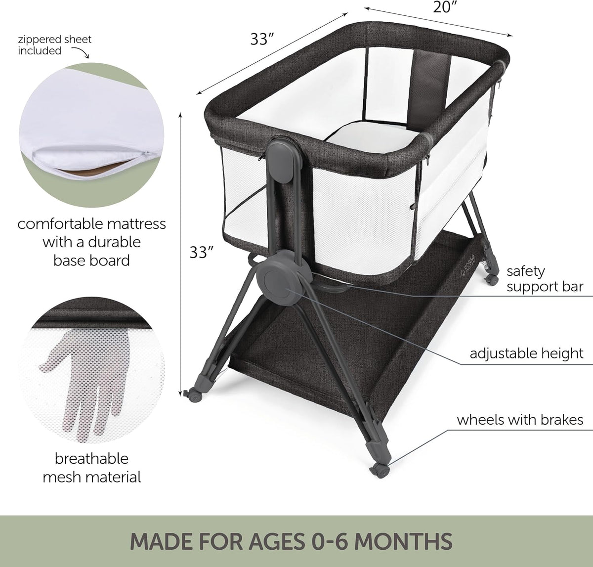 Baby Bedside Sleeper - Bassinet & Bedside Crib with Height Adjustment & Wheels - Can Be Placed Next