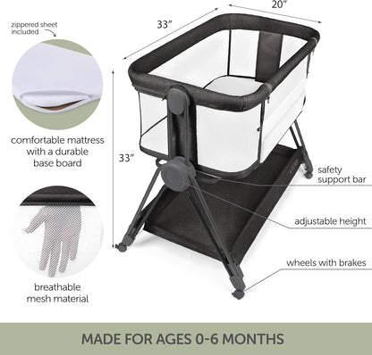 Baby Bedside Sleeper - Bassinet & Bedside Crib with Height Adjustment & Wheels - Can Be Placed Next