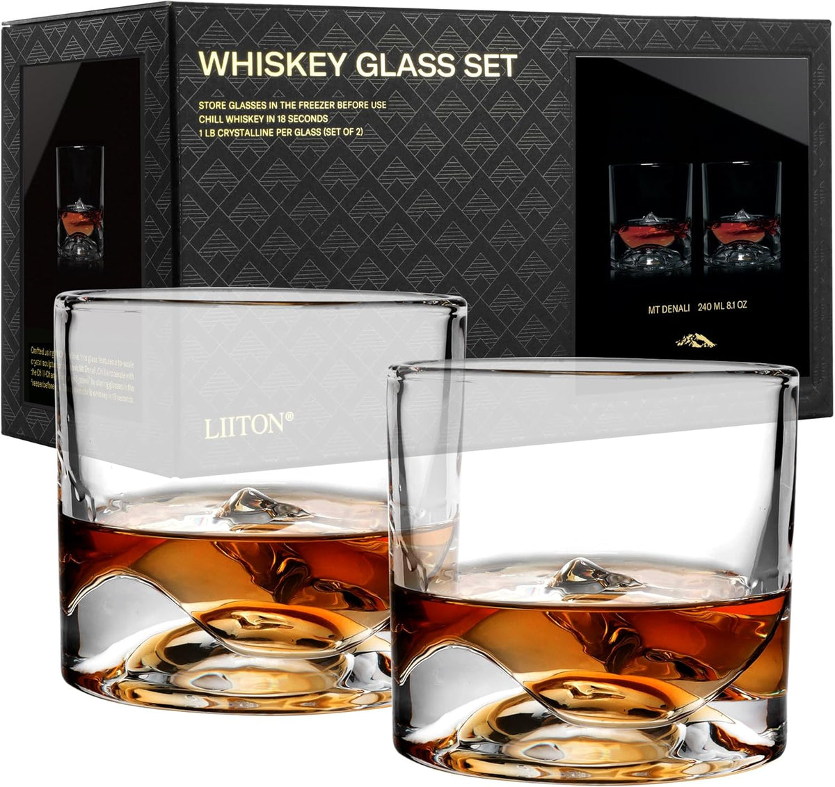 Denali Mountain Heavy Crystal Whiskey Glasses Gift Set of 2, Thick Freezable Bourbon Glass 1lb