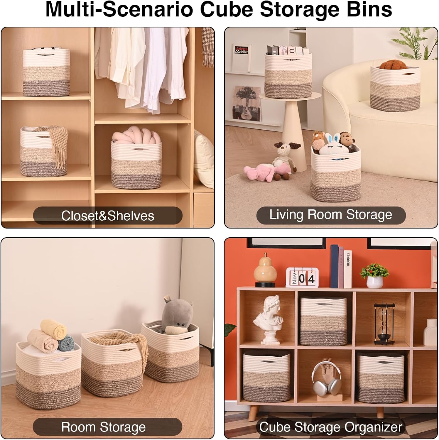 11 Inch Cube Storage Bins, Storage Cube Organizer Bins, Woven Cotton Rope Baskets for Storage