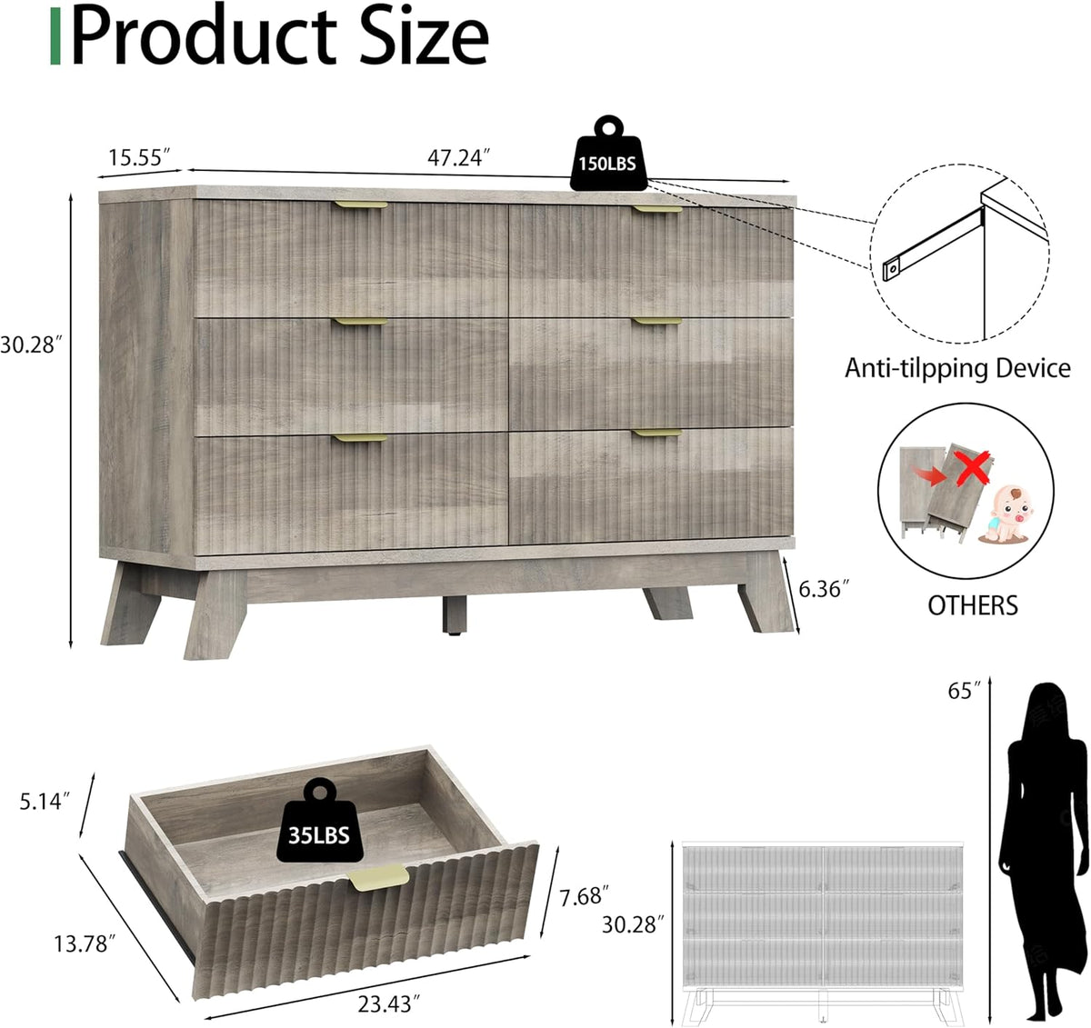 Fluted Dresser for Bedroom with 6 Drawers, 48" Wide Modern Chest of Drawers with Metal Handle