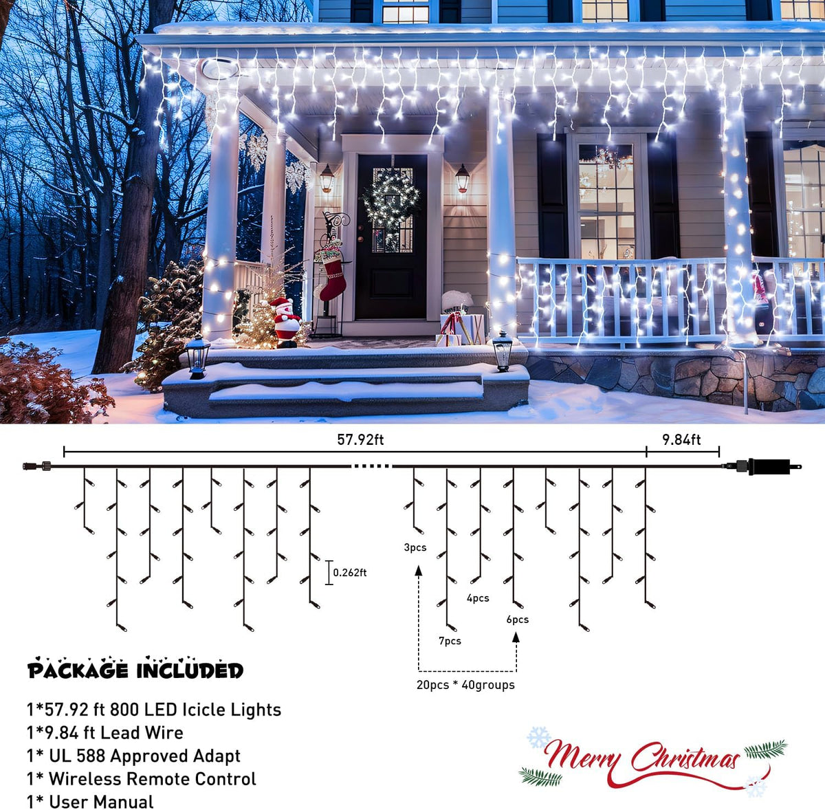 JMEXSUSS Christmas Icicle Lights for Outside: 800 LED White Icicle Lights Outdoor Waterproof