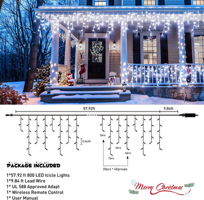 JMEXSUSS Christmas Icicle Lights for Outside: 800 LED White Icicle Lights Outdoor Waterproof