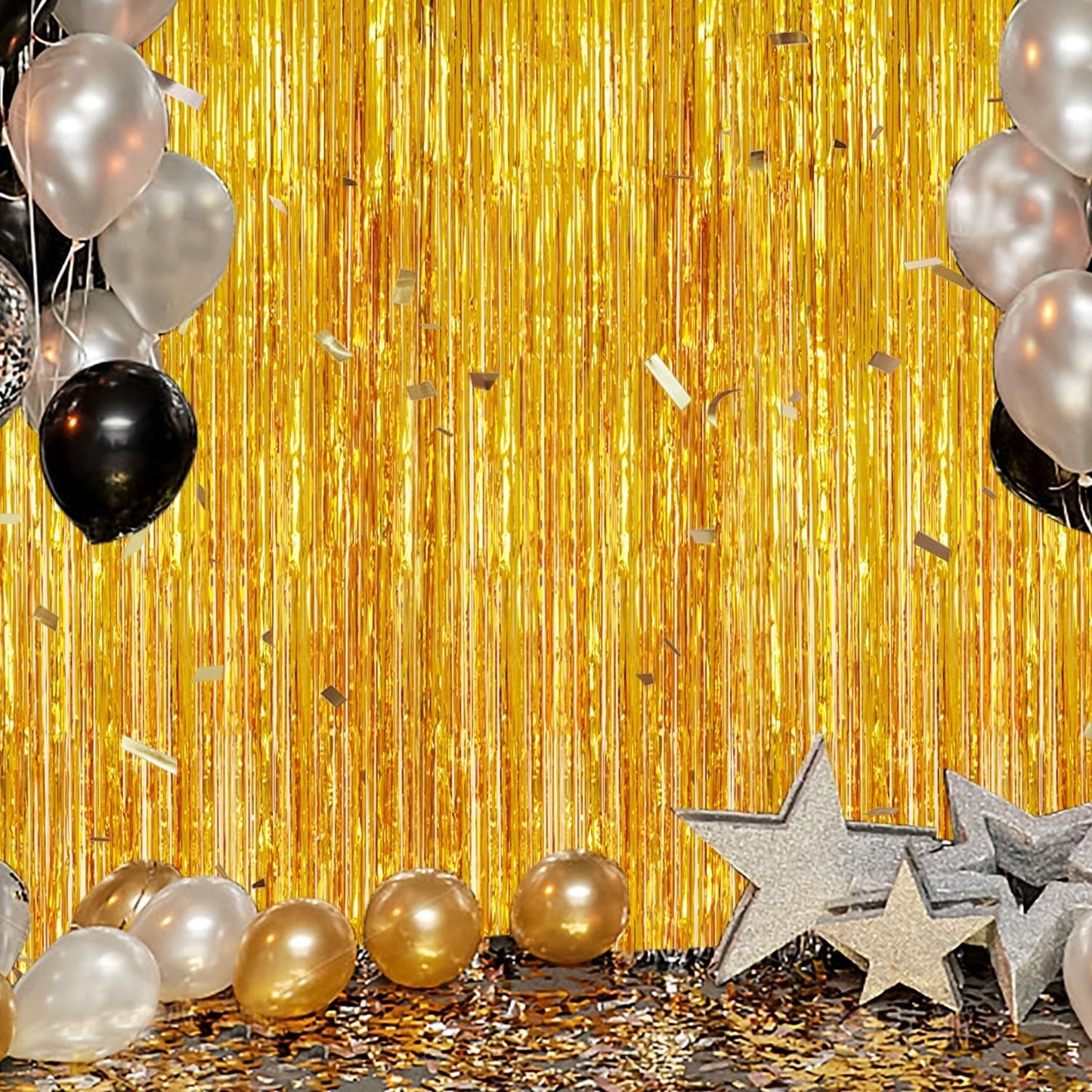 3 Pack Foil Fringe Backdrop - Gold Shiny Tinsel Curtains for Party Decoration/Photo Booth Props