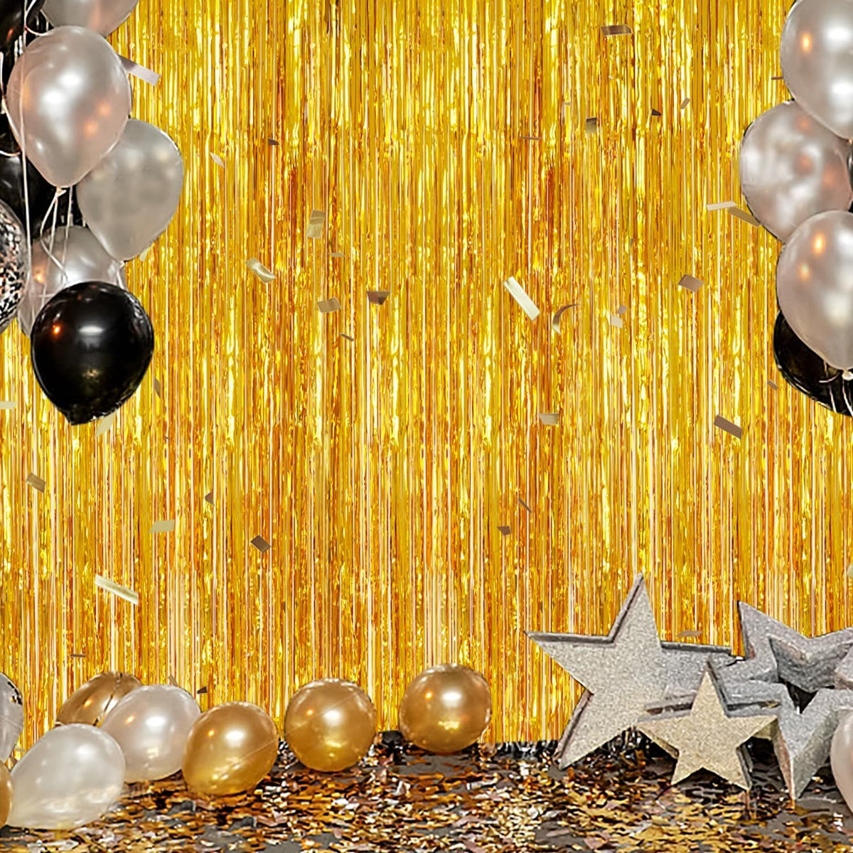 3 Pack Foil Fringe Backdrop - Gold Shiny Tinsel Curtains for Party Decoration/Photo Booth Props