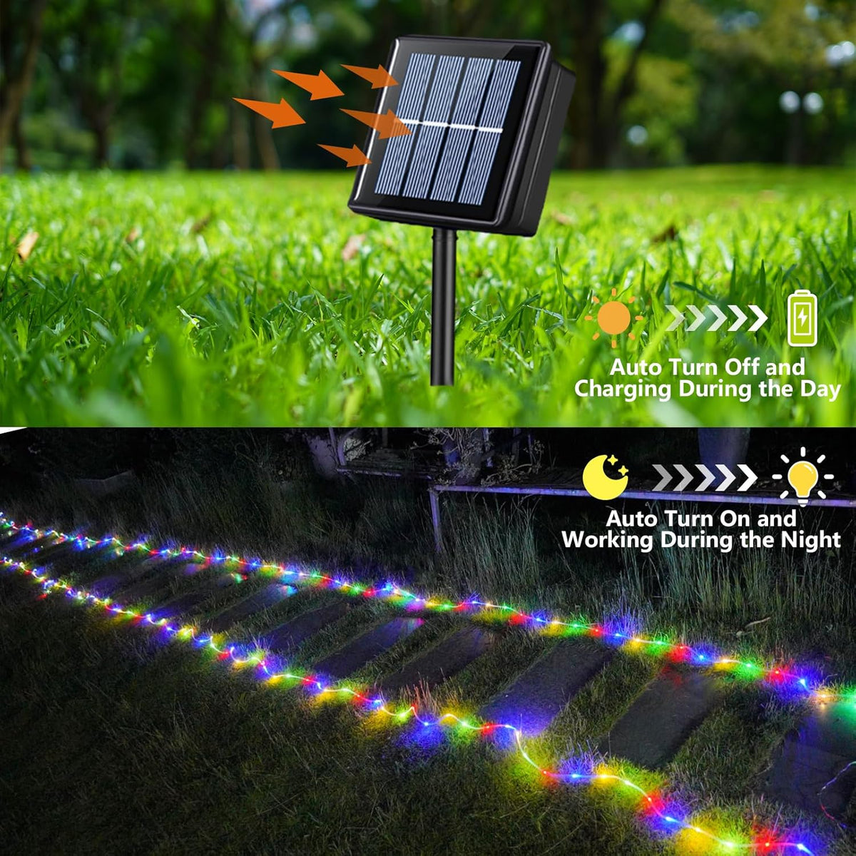 YEGUO 2 Packs Each 33ft 100 LED Solar Trampoline Lights Multicolor, Solar Rope Lights for Outside