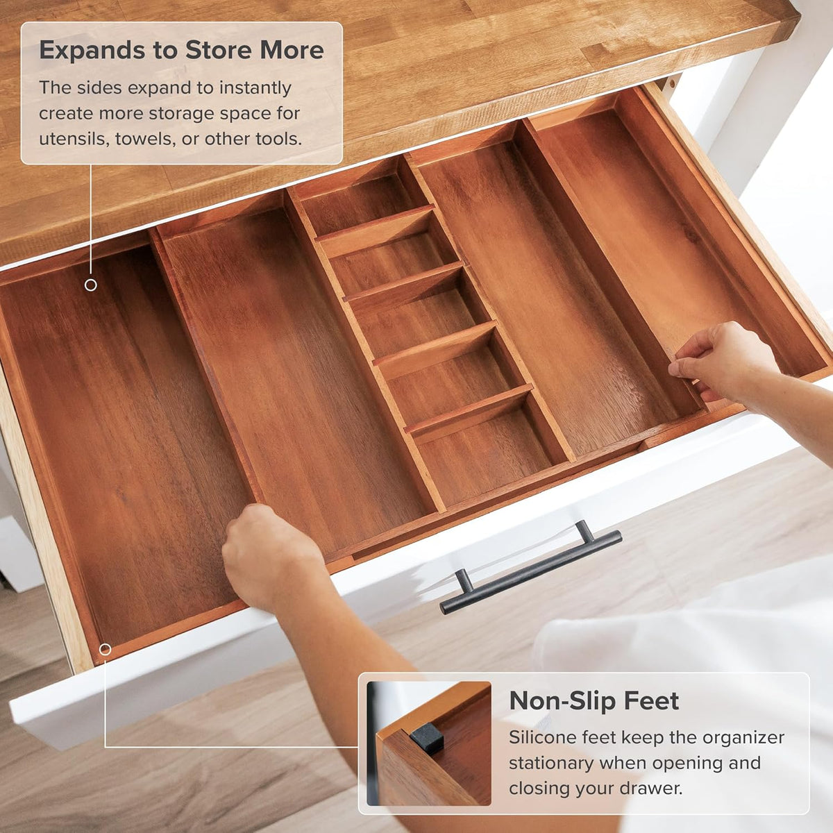Adjustable Kitchen Drawer Organizer for Utensils and Junk, Food-Safe Contract Grade with 100%