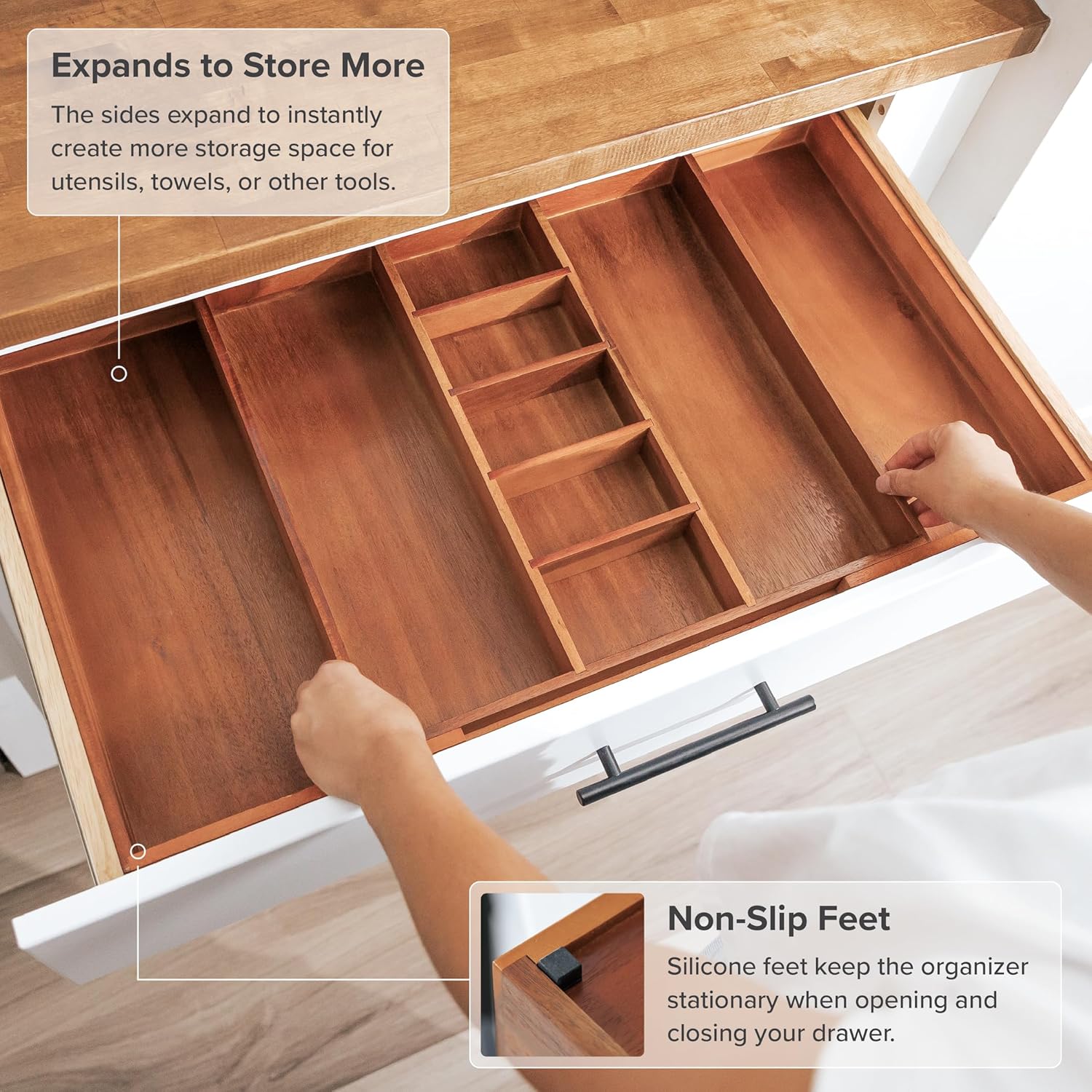 Adjustable Kitchen Drawer Organizer for Utensils and Junk, Food-Safe Contract Grade with 100%