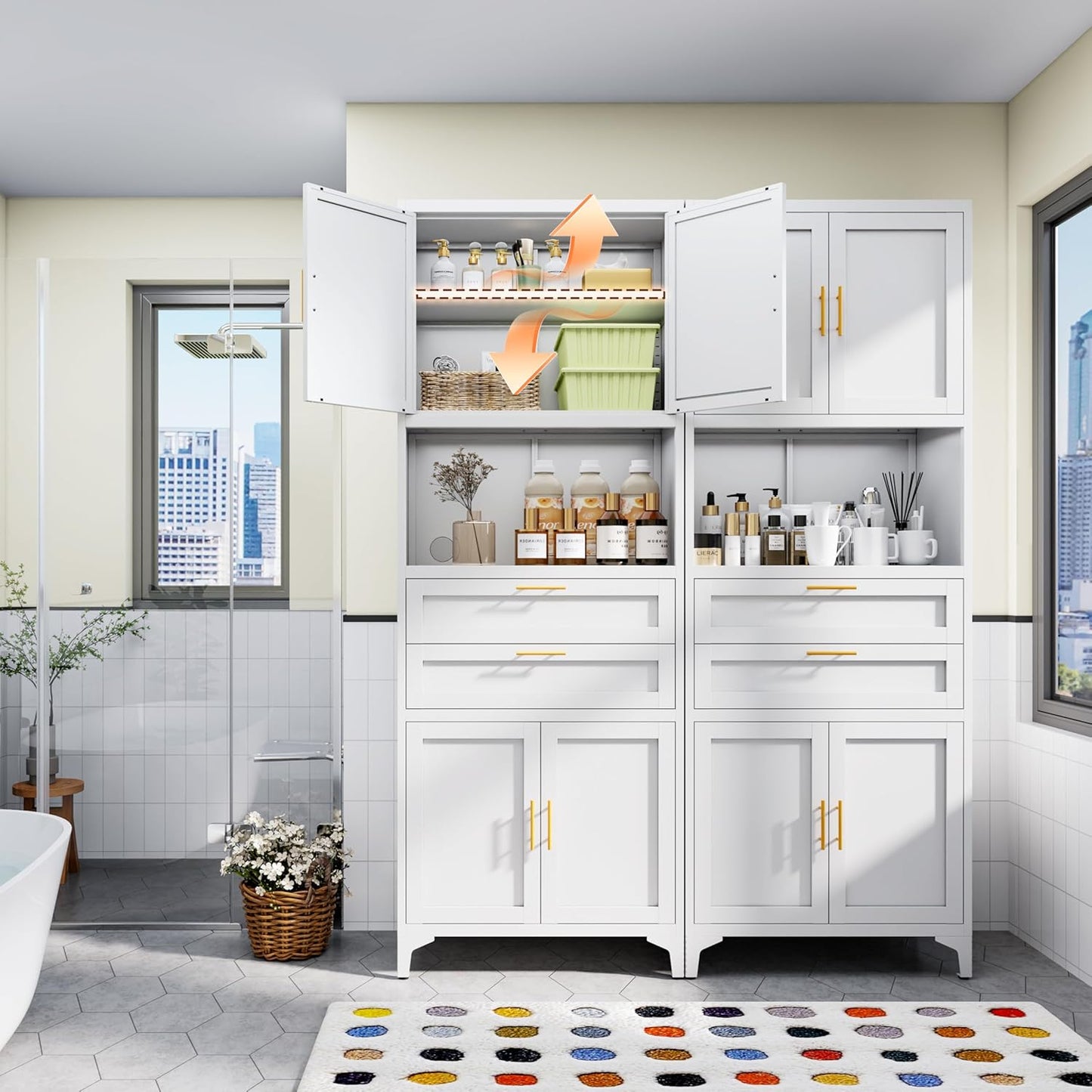 75” Tall Kitchen Pantry Storage Cabinet, Metal Bathroom Storage Cabinet with 2 Drawers and