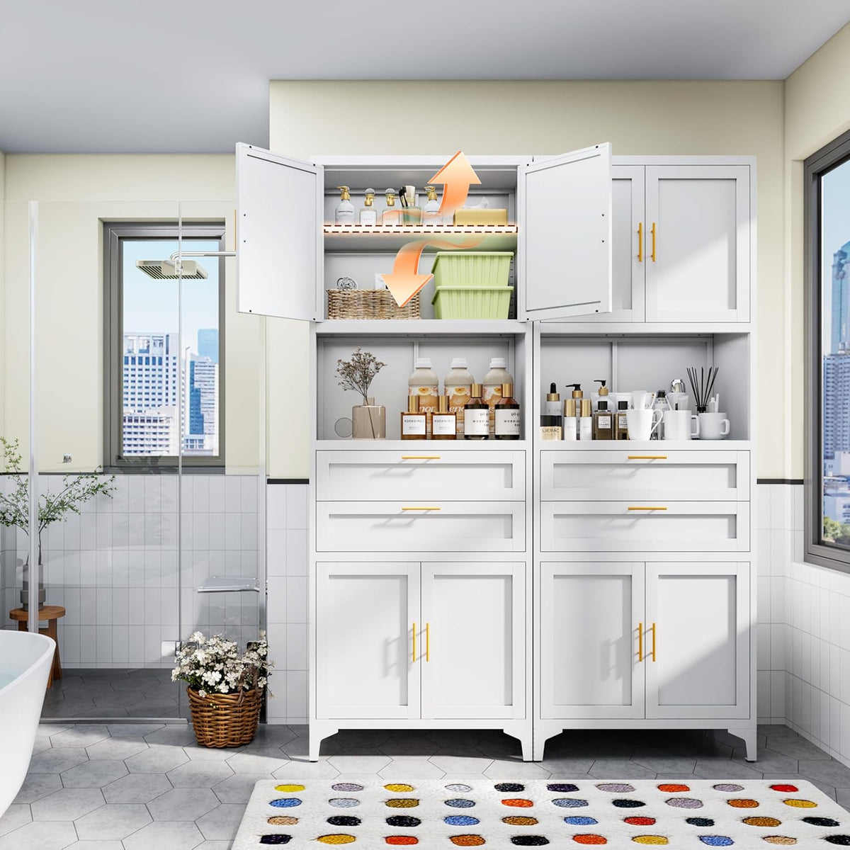 75” Tall Kitchen Pantry Storage Cabinet, Metal Bathroom Storage Cabinet with 2 Drawers and