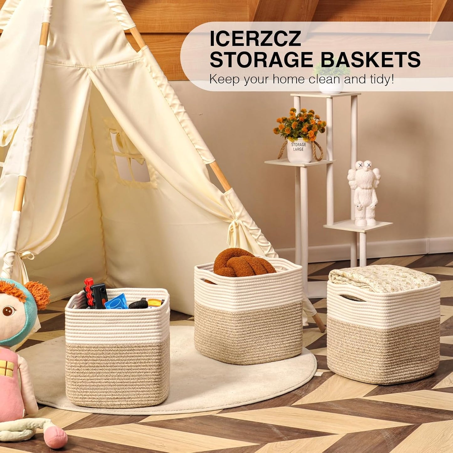 11 Inch Cube Storage Bins, Organizer Woven Cotton Rope Square Baskets for Organizing Shelves, Toys