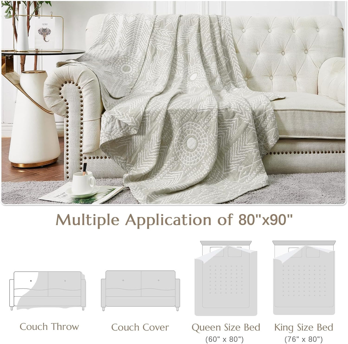 JINCHAN Boho 100% Cotton Muslin Blanket 3-Layer Queen Size 80x90 Inches Geometric Light Grey