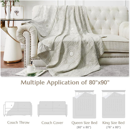 JINCHAN Boho 100% Cotton Muslin Blanket 3-Layer Queen Size 80x90 Inches Geometric Light Grey