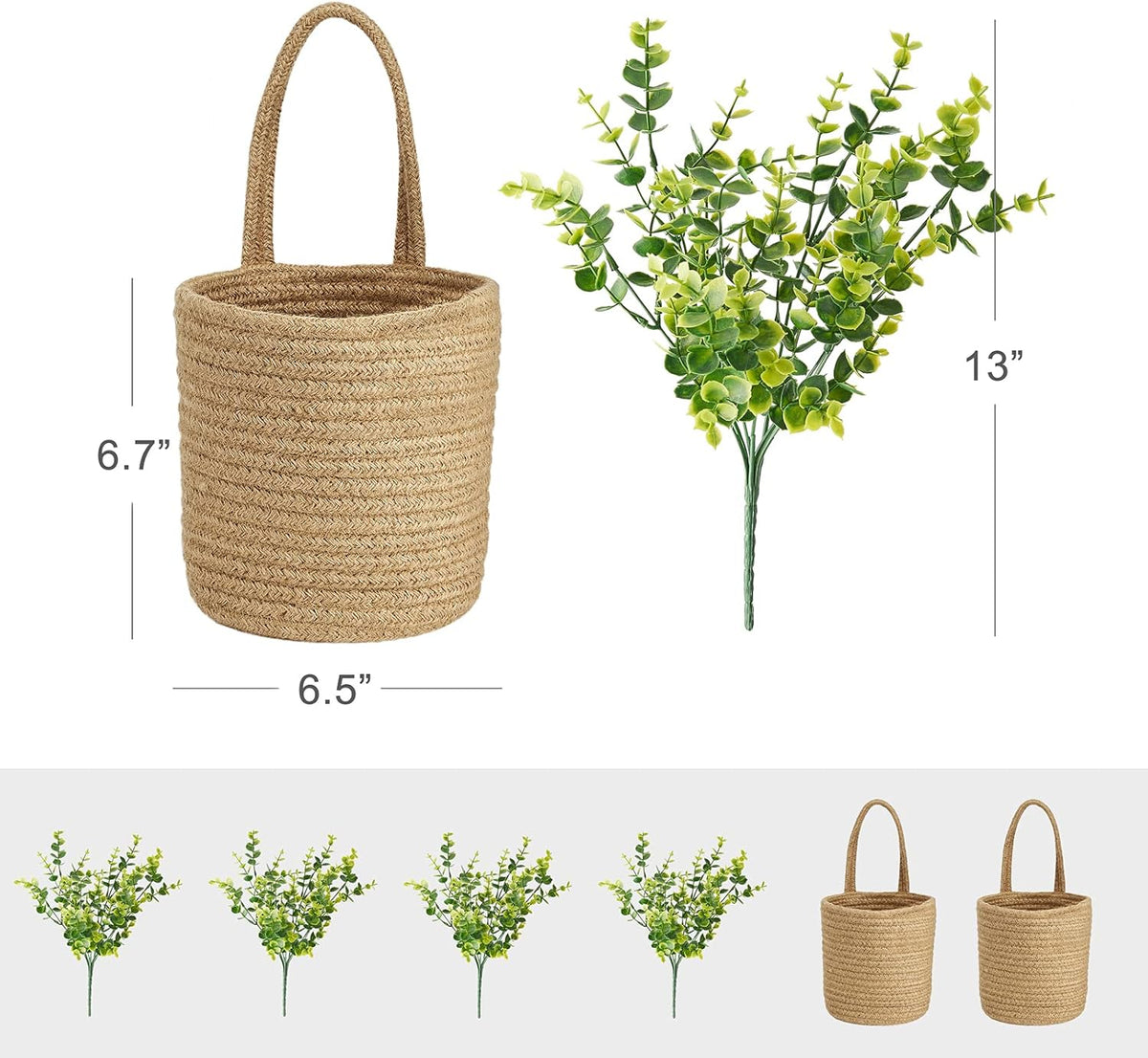 Dahey 2 Pack Wall Hanging Rope Basket with Artificial Eucalyptus Farmhouse Decor, Jute Woven