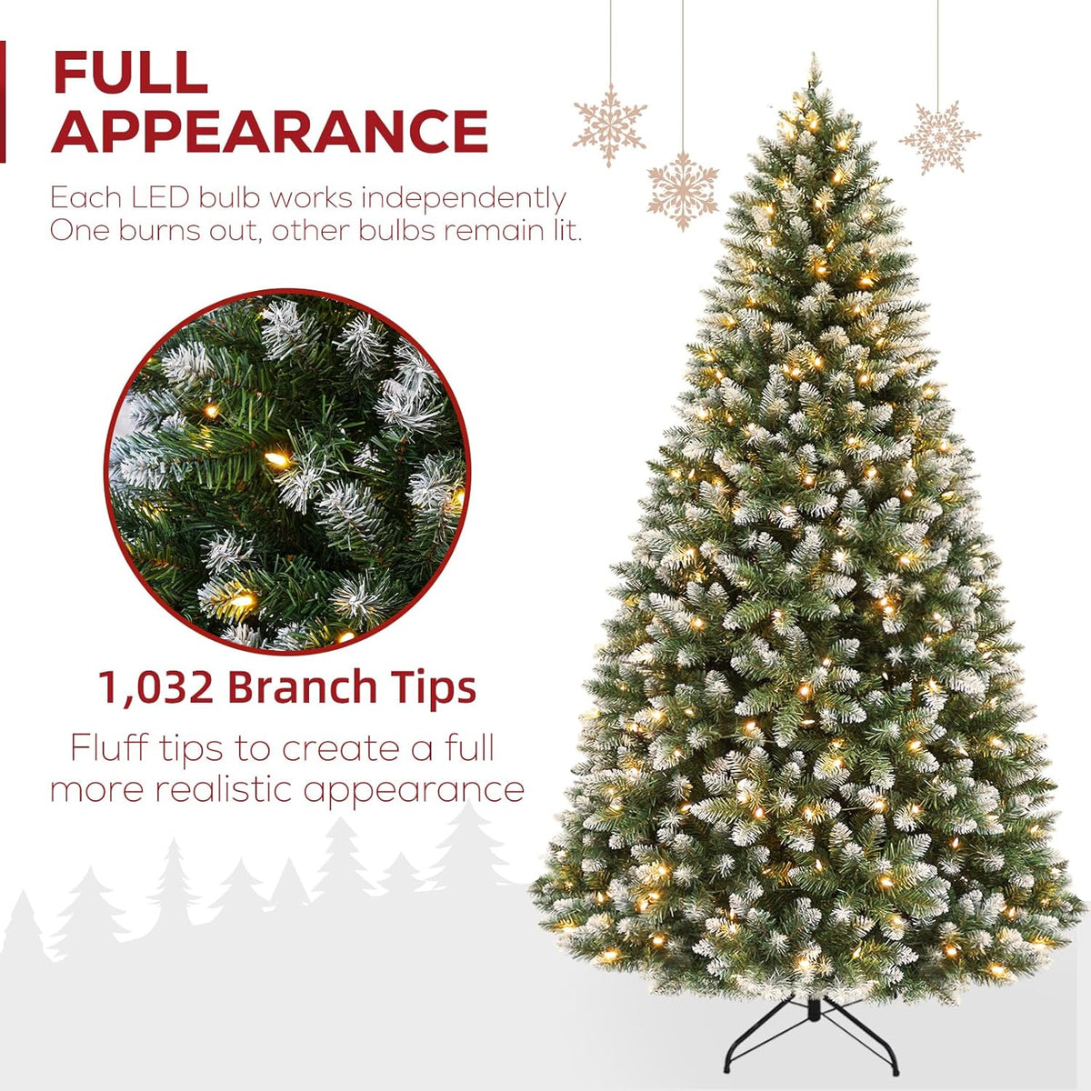Hykolity 6 ft Prelit Christmas Tree with 250 LED Warm White Lights, Partially Snow Flocked