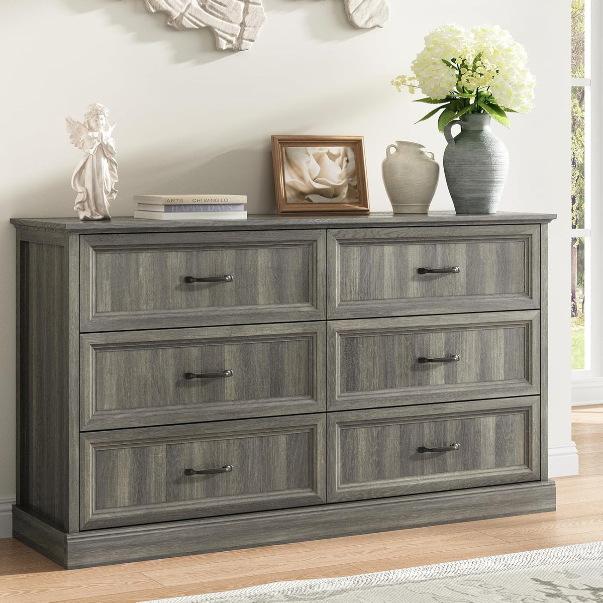 Farmhouse 6 Drawer Dresser for Bedroom, 55 Inch Wide Modern Grey Dresser TV Stand with Large