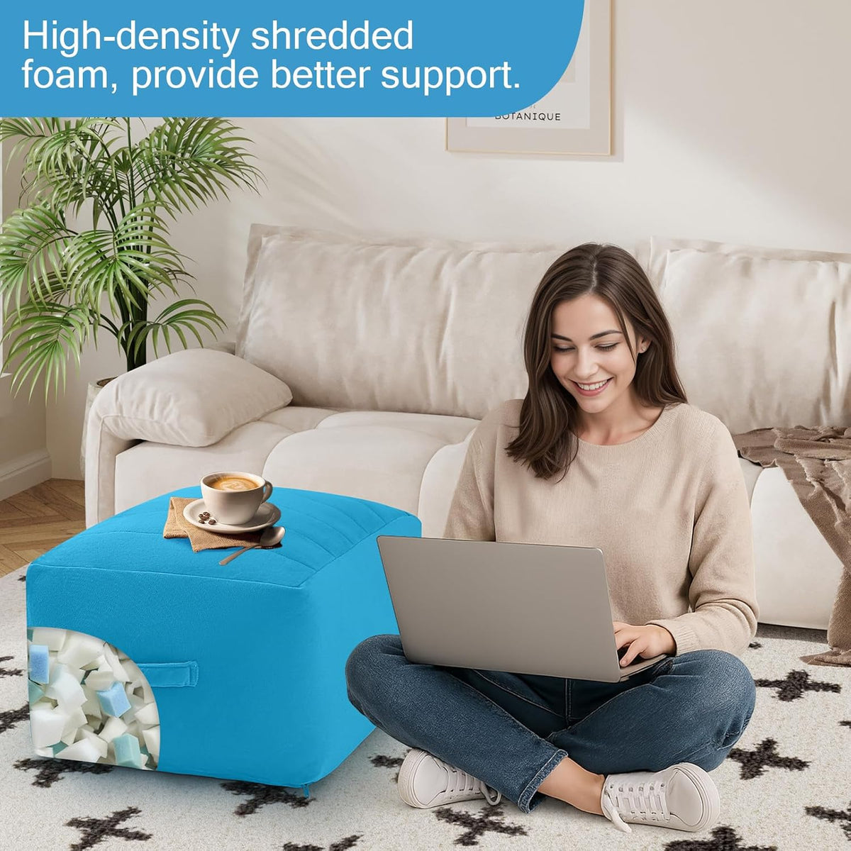 MeMoreCool Square Stuffed Pouf Ottoman Foot Rest, Floor Pouf Foot Stool with Foam Chunk Filling