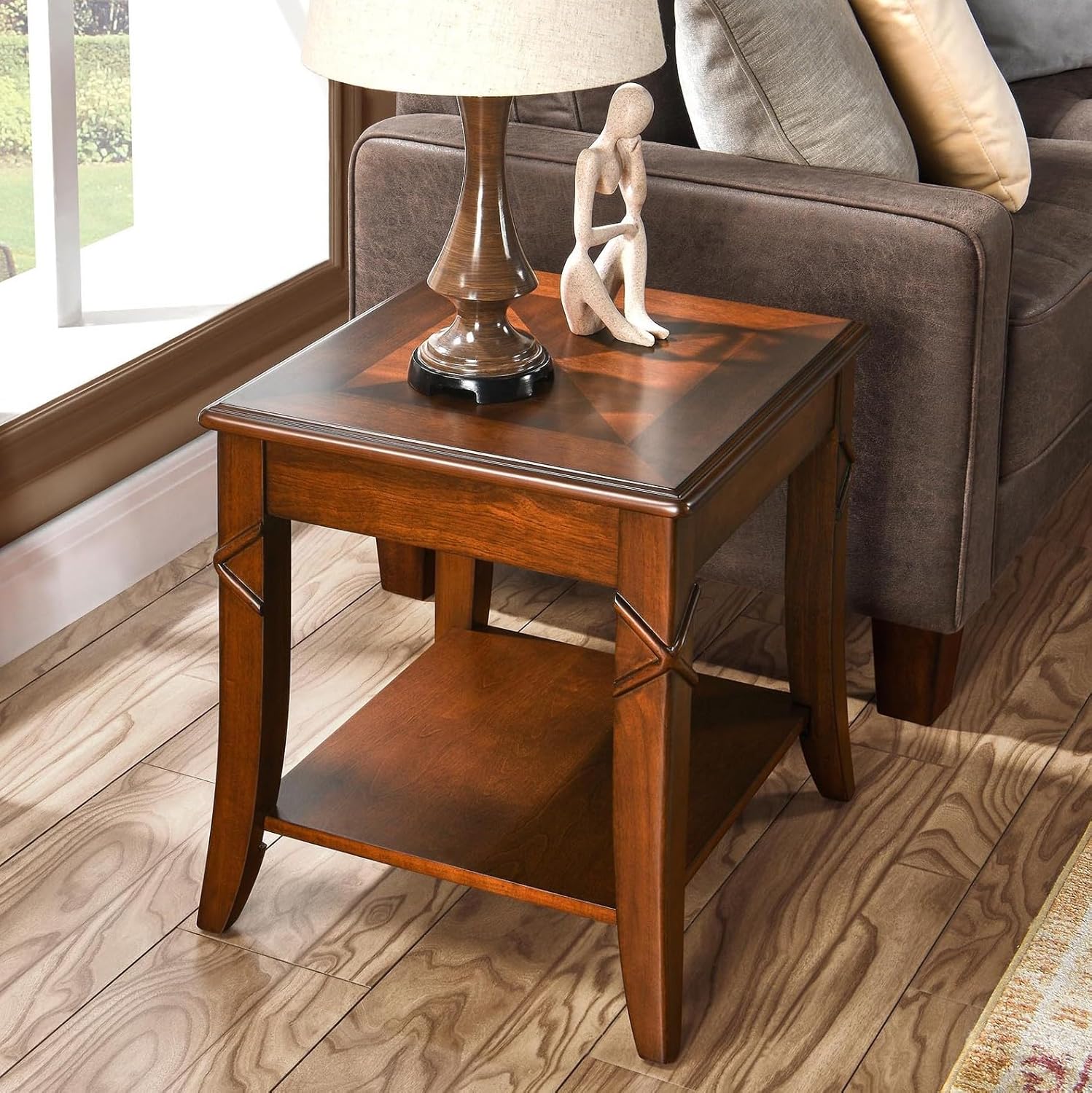 Solid Wood End Table with Storage Shelf, Vintage Rectangle Sofa Side Table with Splicing Tabletop