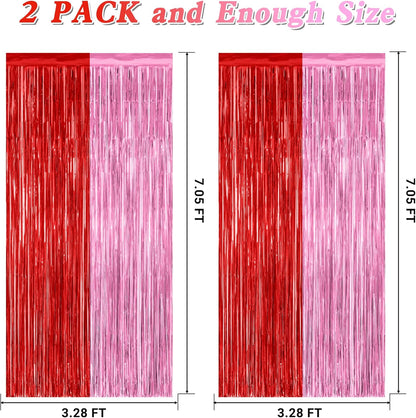 2 Pack Backdrop Curtains, 3.28 Feet x 7.05 Feet Red Pink Backdrop, Metallic Fringe Curtains Tinsel