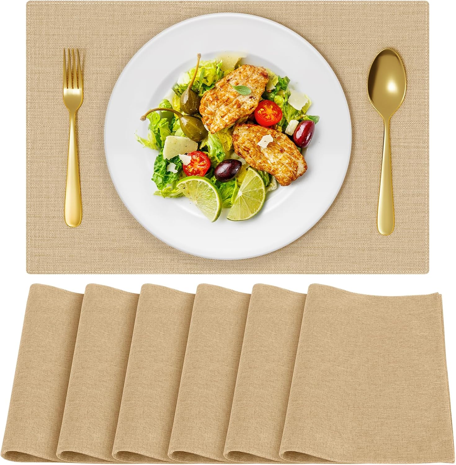 Cloth Placemats, Set of 6 Heat-Resistant Cotton Linen Blend Double Layered Machine Washable Place
