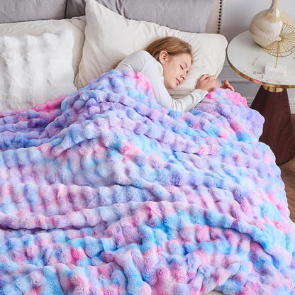 NEWCOSPLAY Faux Fur Throw Blanket Purple Rainbow Luxury Fluffy Thick Warm Bubble Blanket for Couch