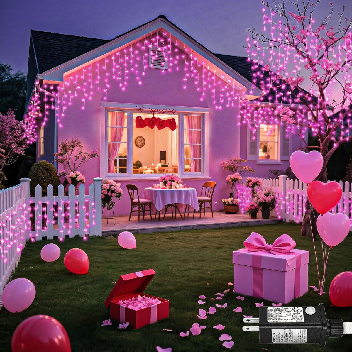 Pink Christmas Lights Outdoor, 33ft 400 LED Icicle Lights for Outside Clear Wire Connectable