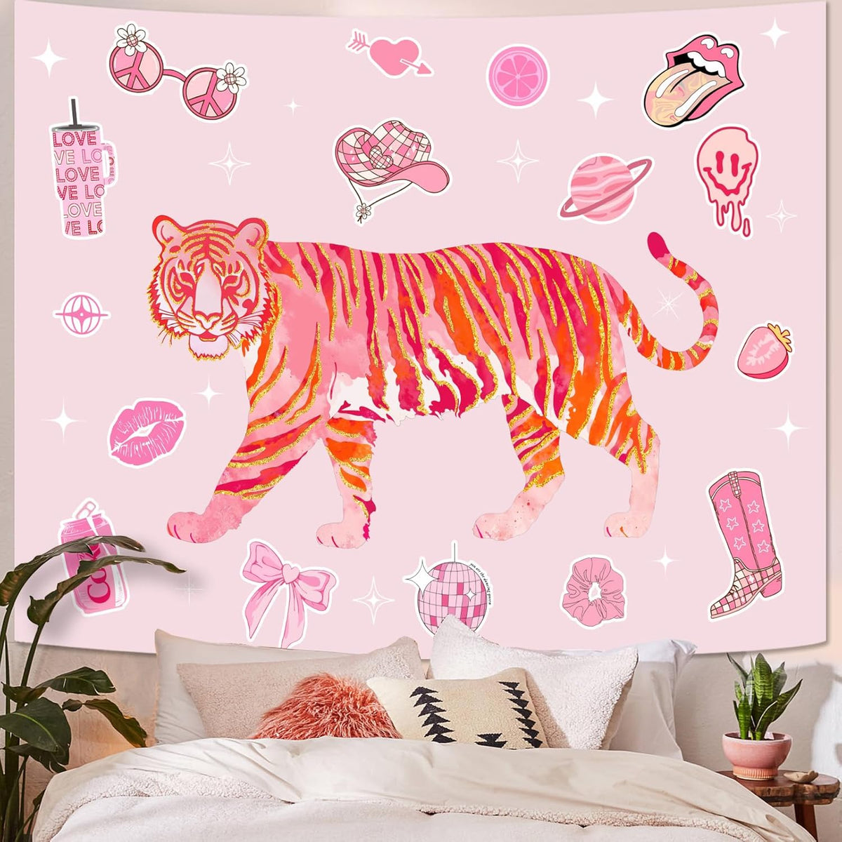 Lunerfex Y2K Tapestry Pink Tiger Wall Tapestry, Cute Tapestries for Bedroom Funny Tapestries Wall