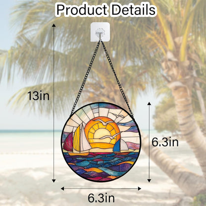 Stained Glass Window Hanging, Sailboat and Waves Suncatcher Diamond Glass Panel Hangings Sun