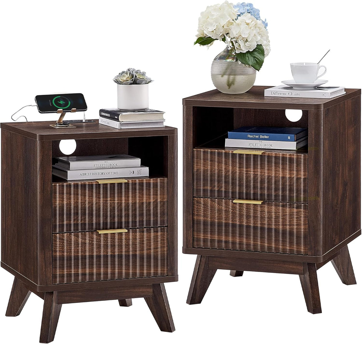 T4TREAM Fluted Nightstand Set of 2 with Charging Station, 18" Modern Side Table, 2 Drawers End