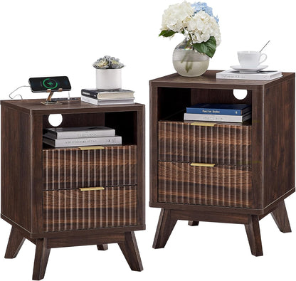 T4TREAM Fluted Nightstand Set of 2 with Charging Station, 18" Modern Side Table, 2 Drawers End