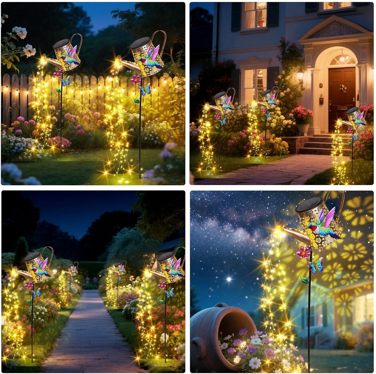 Solar Lights Outdoor Decorative,Metal Solar Watering Can Lights with Hummingbird, Waterproof Garden