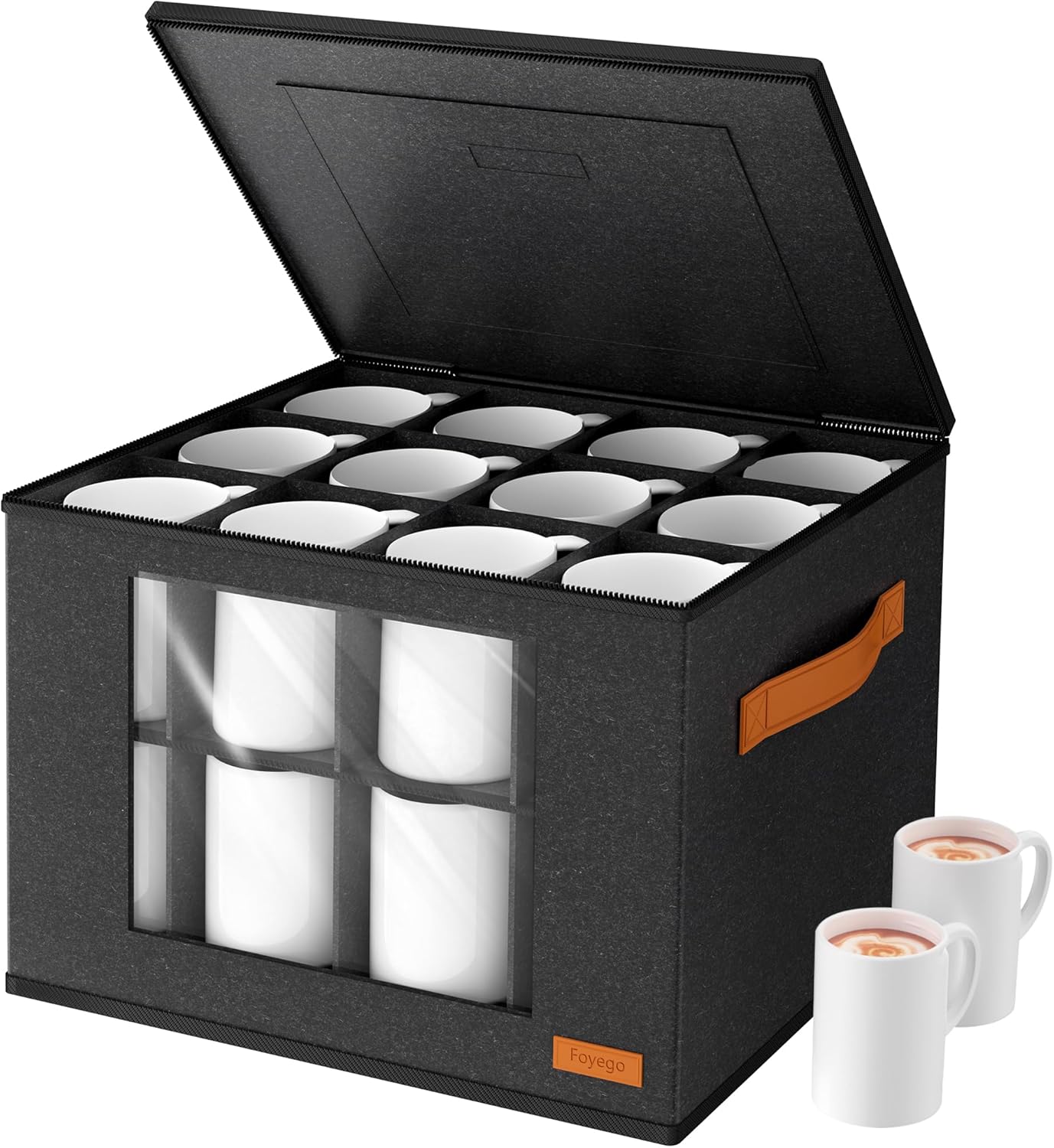 2-Layer Coffee Mug Storage Box with Dividers, Coffee Cup Storage Organizer with Zipper Lid and