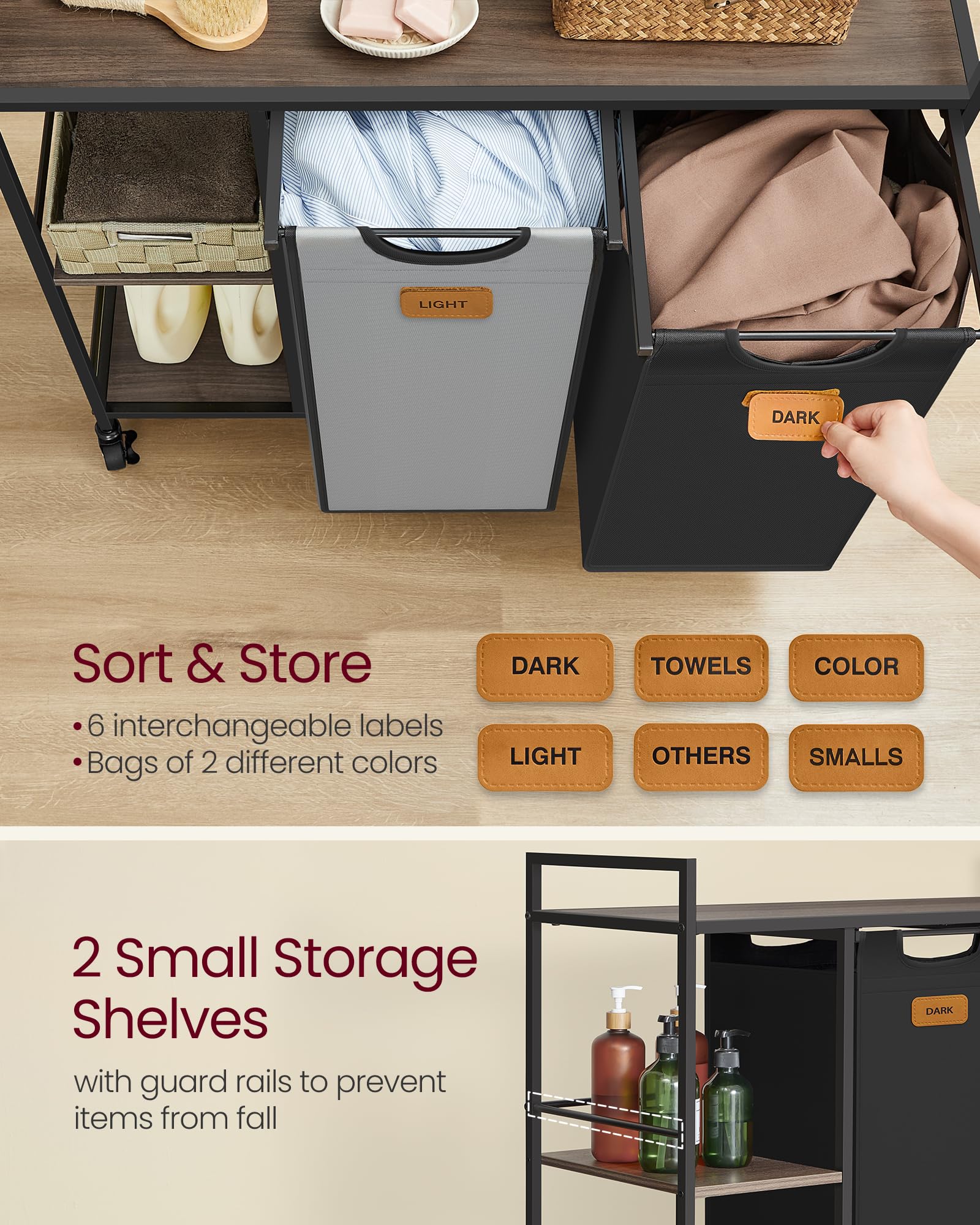 VASAGLE Laundry Hamper with 2 Compartments, 26.4 Gal. (100 L) Laundry Sorter, Rolling Laundry Cart