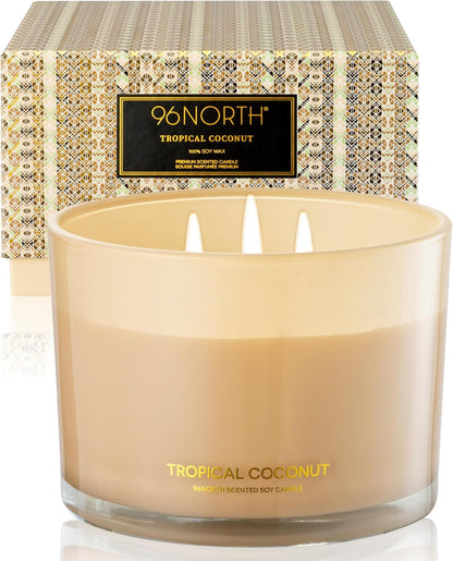 96NORTH Luxury Coconut Soy Candle | Large 3 Wick Jar Candle | Up to 50 Hours Burning Time |