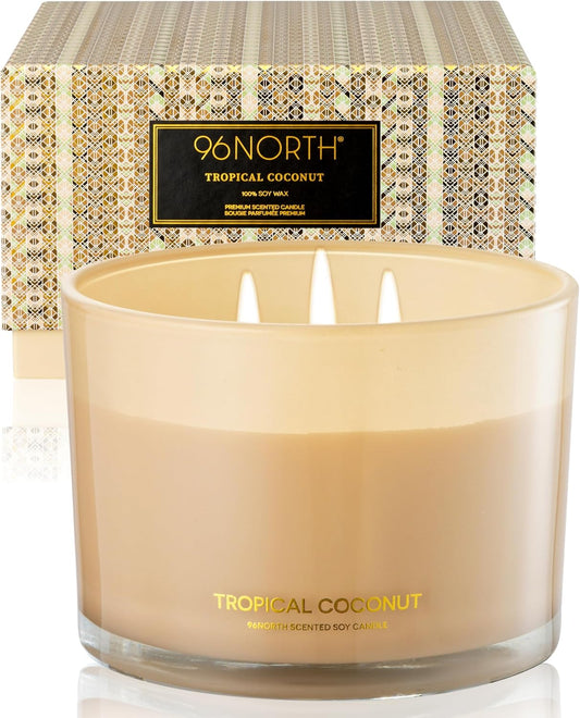 96NORTH Luxury Coconut Soy Candle | Large 3 Wick Jar Candle | Up to 50 Hours Burning Time |