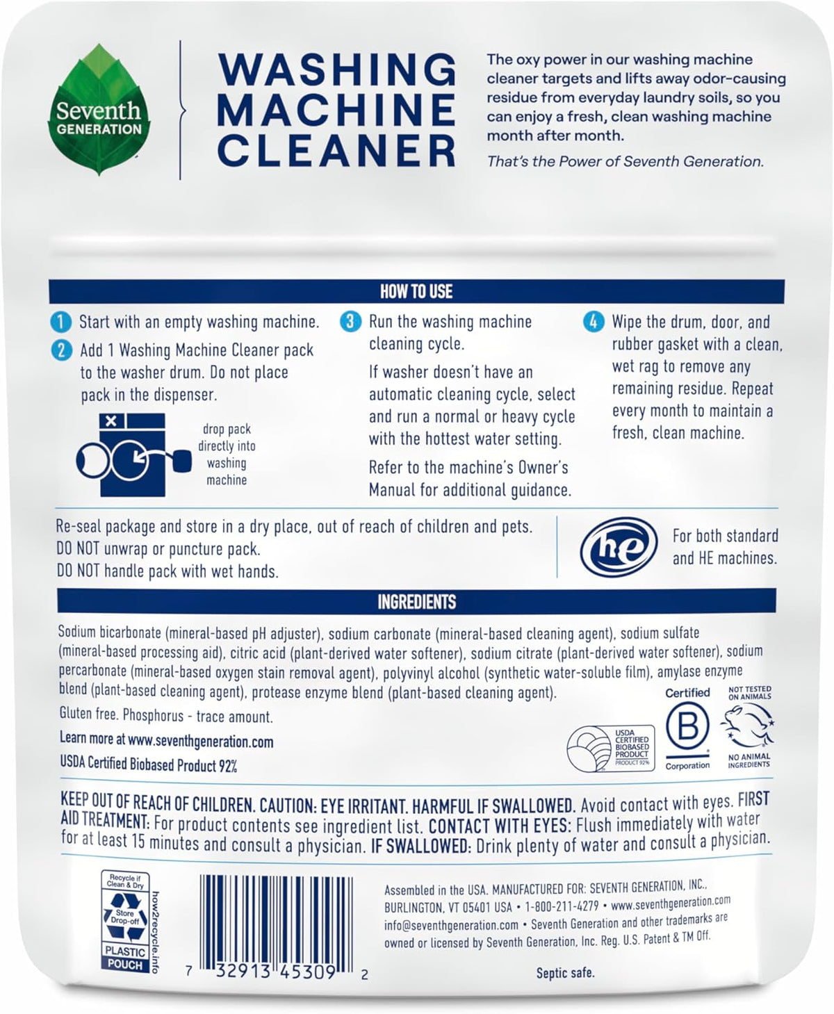 Seventh Generation Washing Machine Cleaner 6 Count Free & Clear Targets Odor-Causing Residue